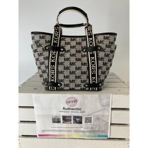 MICHAEL KORS, MEIDUM GRAY, BLACK SIGNATURE CANVAS HANDBAG